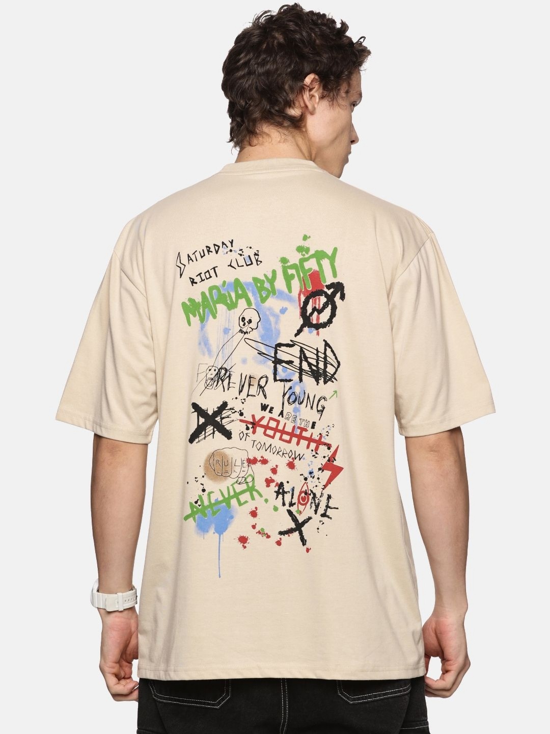

THIRD QUADRANT Men Typography Printed Round Neck Cotton Oversized T-shirt, Beige