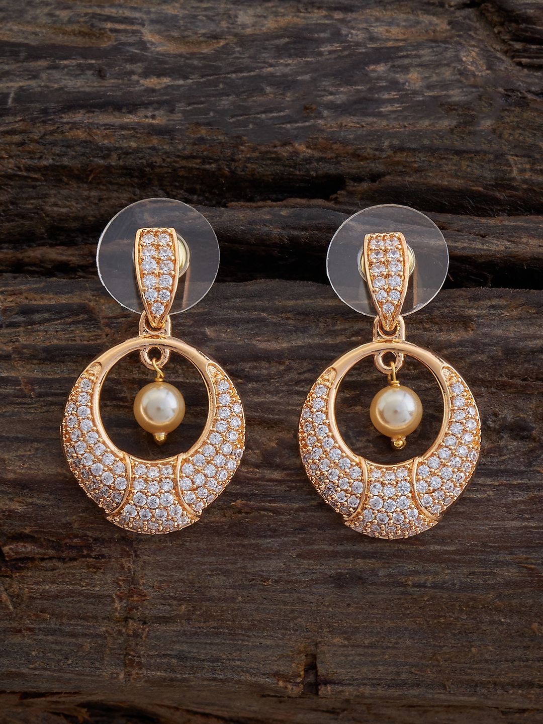 

Kushal's Fashion Jewellery Gold-Plated Zircon Studded Crescent Shaped Drop Earrings