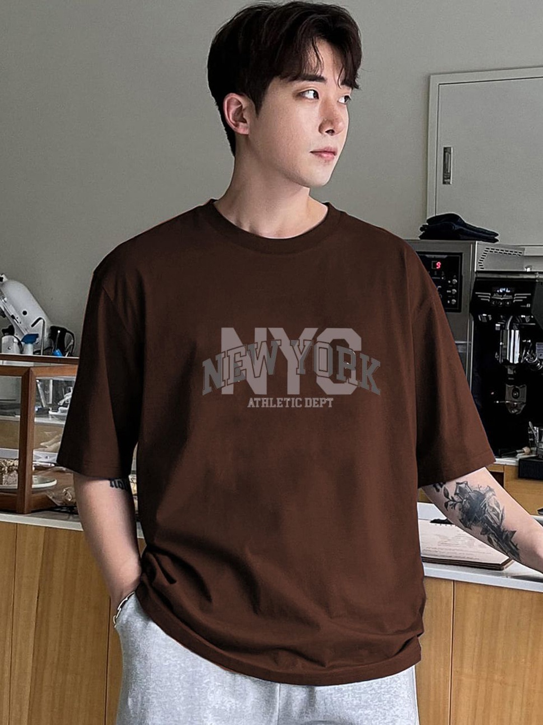 

CLAFOUTIS Men Typography Printed Round Neck Cotton Oversized T-shirt, Brown