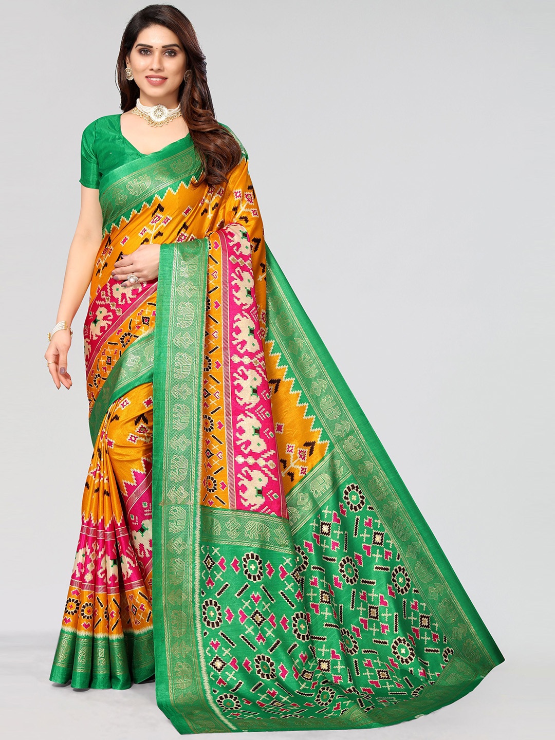 

VIRICA Ethnic Motifs Printed Saree With Blouse Piece, Mustard