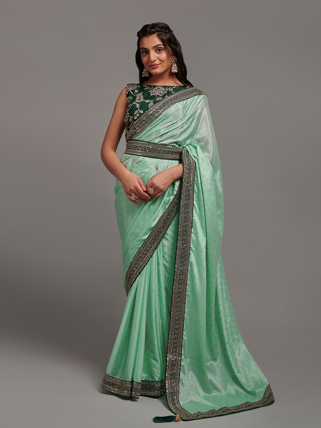 

KALINI Floral Embroidered Bandhani Saree, Sea green