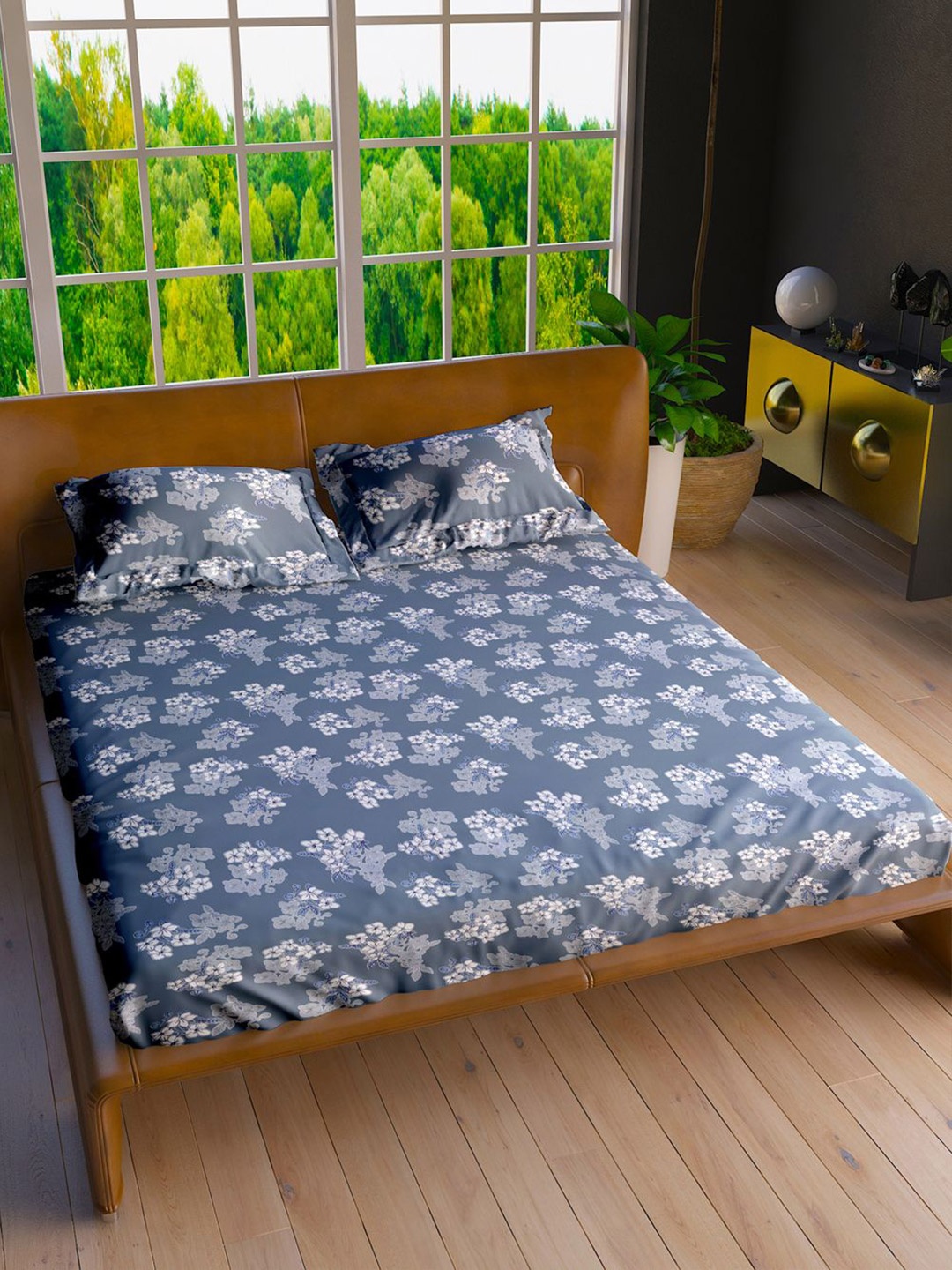 

LABHAM Blue Floral Printed Pure Cotton 152TC Double King Bedsheet & 2 Pillow Covers