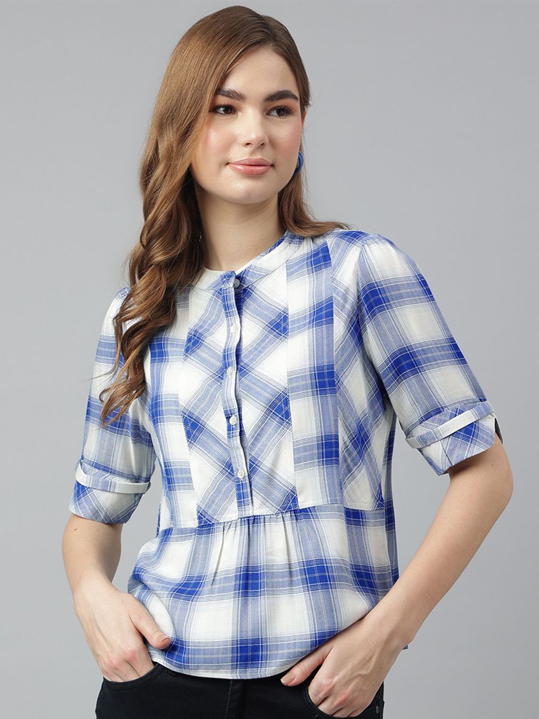 

Latin Quarters Women Checked Printed Round Neck Top, Blue