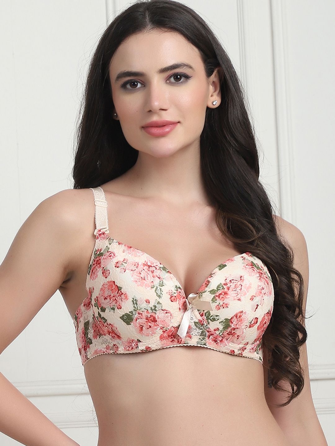 

PrettyCat Women Floral Printed Medium Coverage Underwired Lightly Padded Bra, Beige