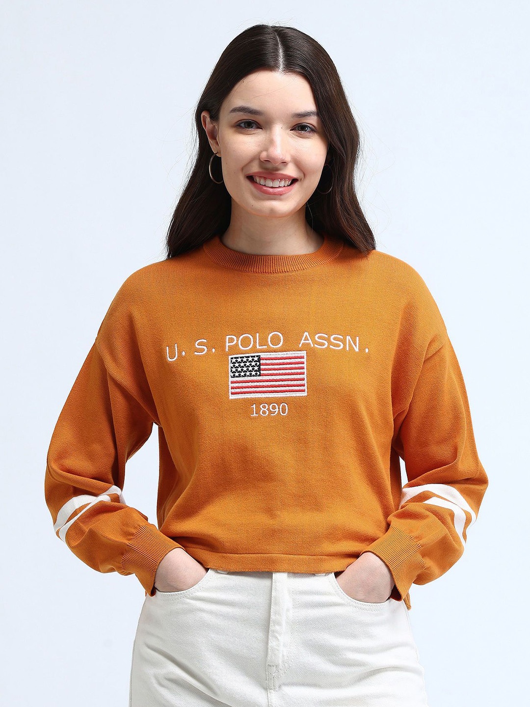 

U.S. Polo Assn. Women Brand Logo Embroidered Cotton Pullover Sweater, Orange
