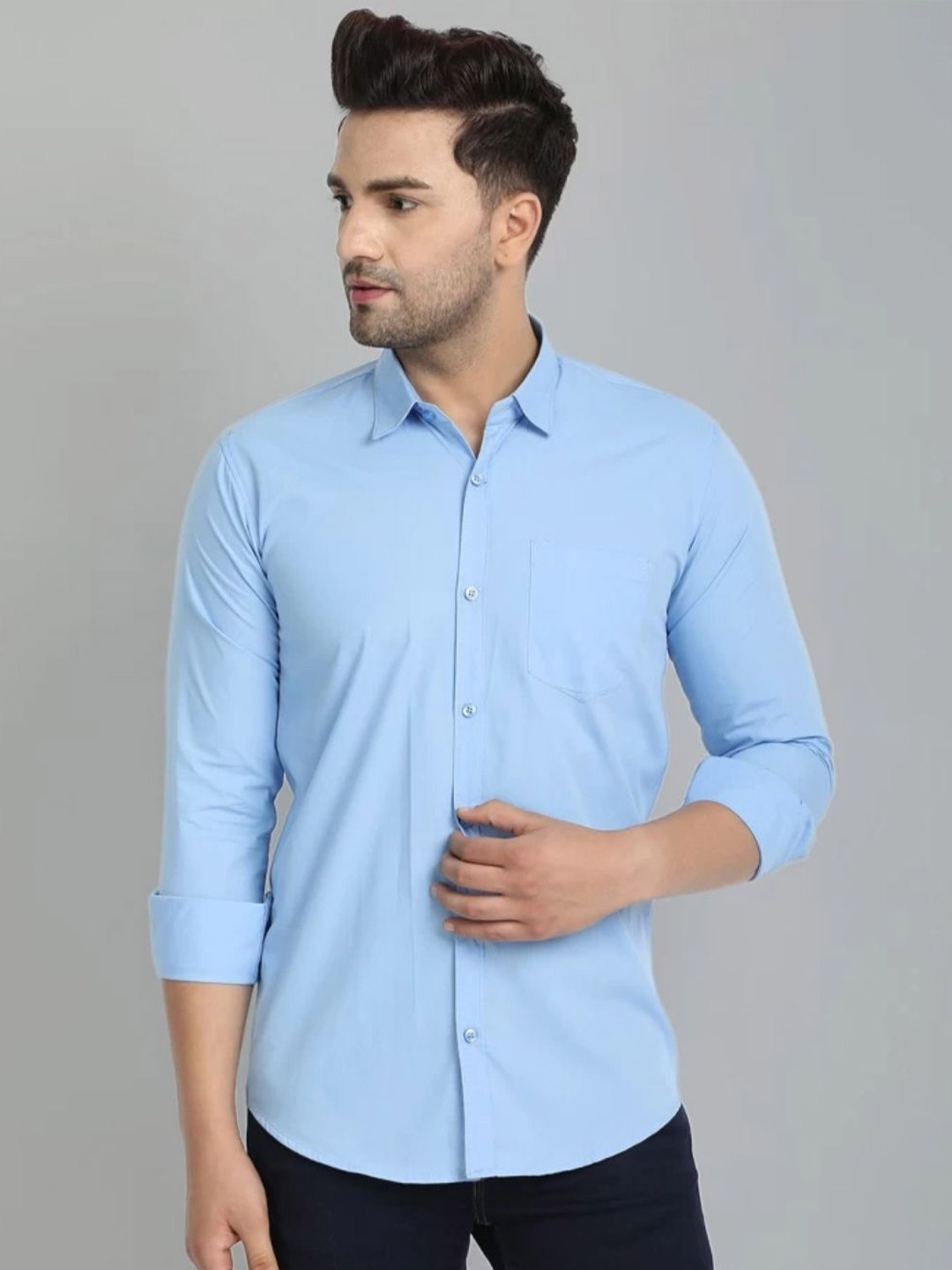 

Vcom Men Classic Spread Collar Solid Cotton Slim Fit Casual Shirt, Blue