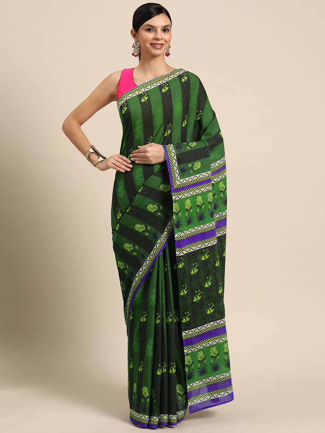

BUTA BUTI Floral Pure Cotton Saree, Green