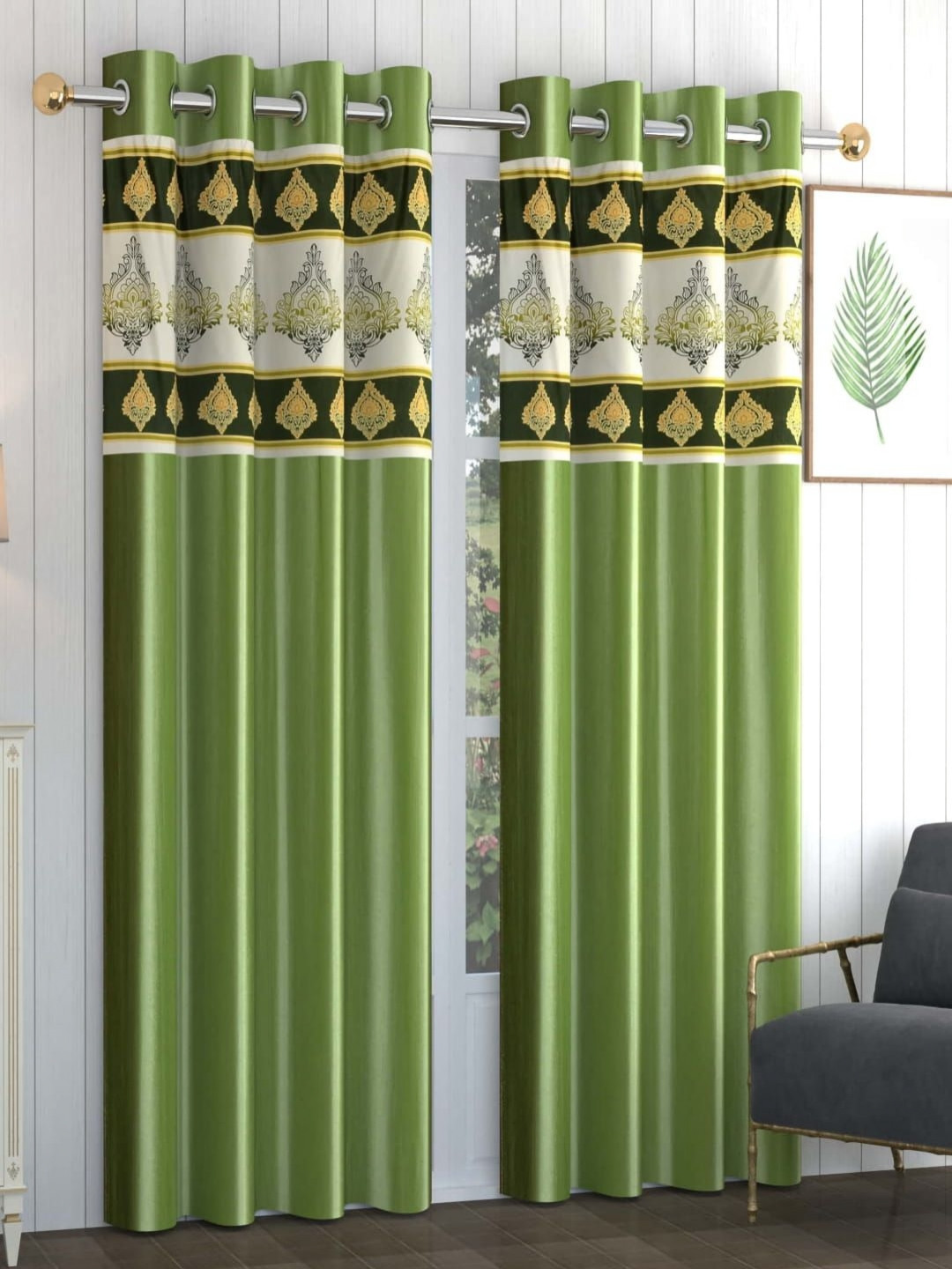 

AADI TRADERS Green & White 2 Pieces Floral Eyelet Window Curtain
