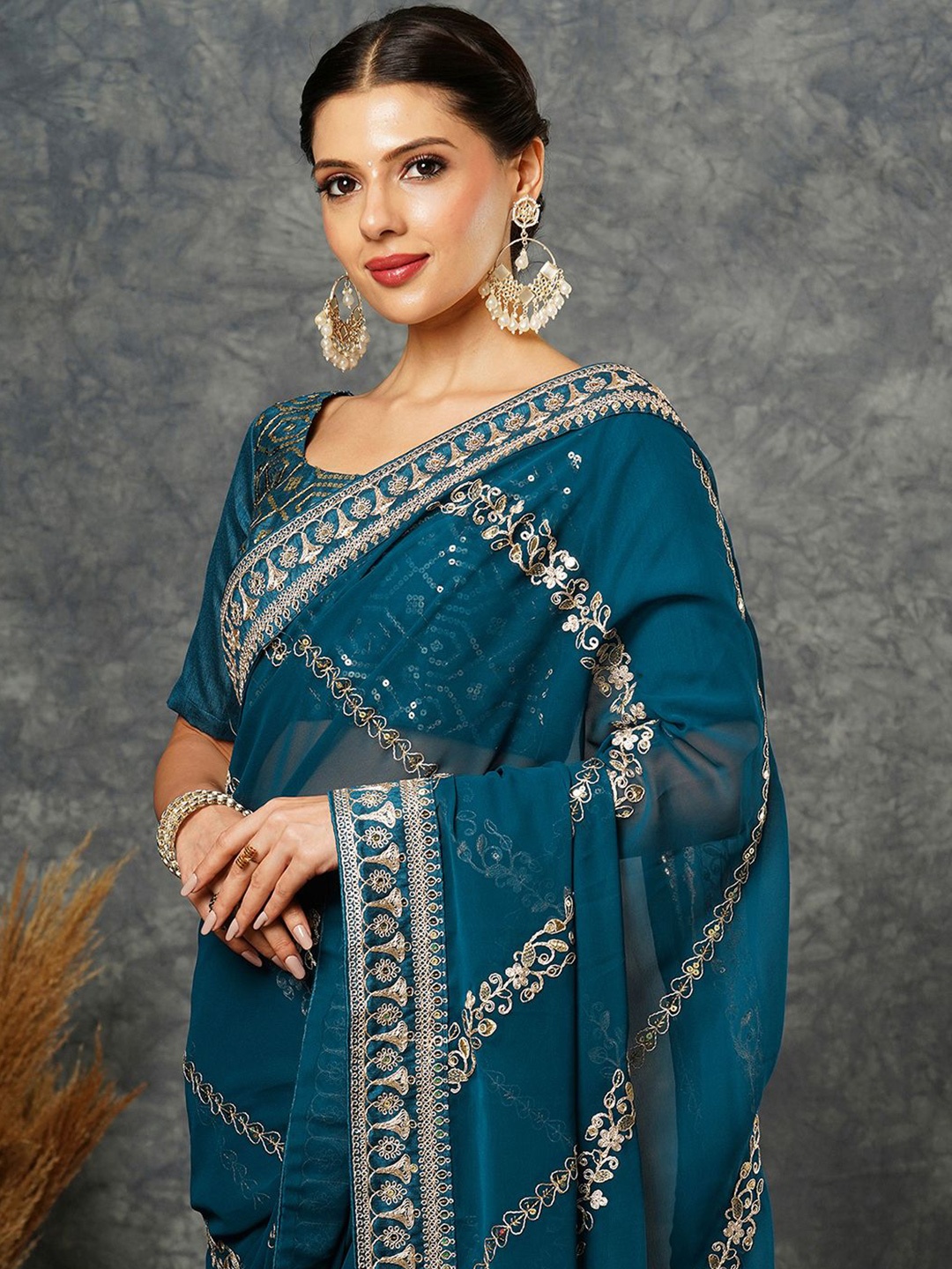 

Satrani Embellished Embroidered Pure Georgette Saree, Blue