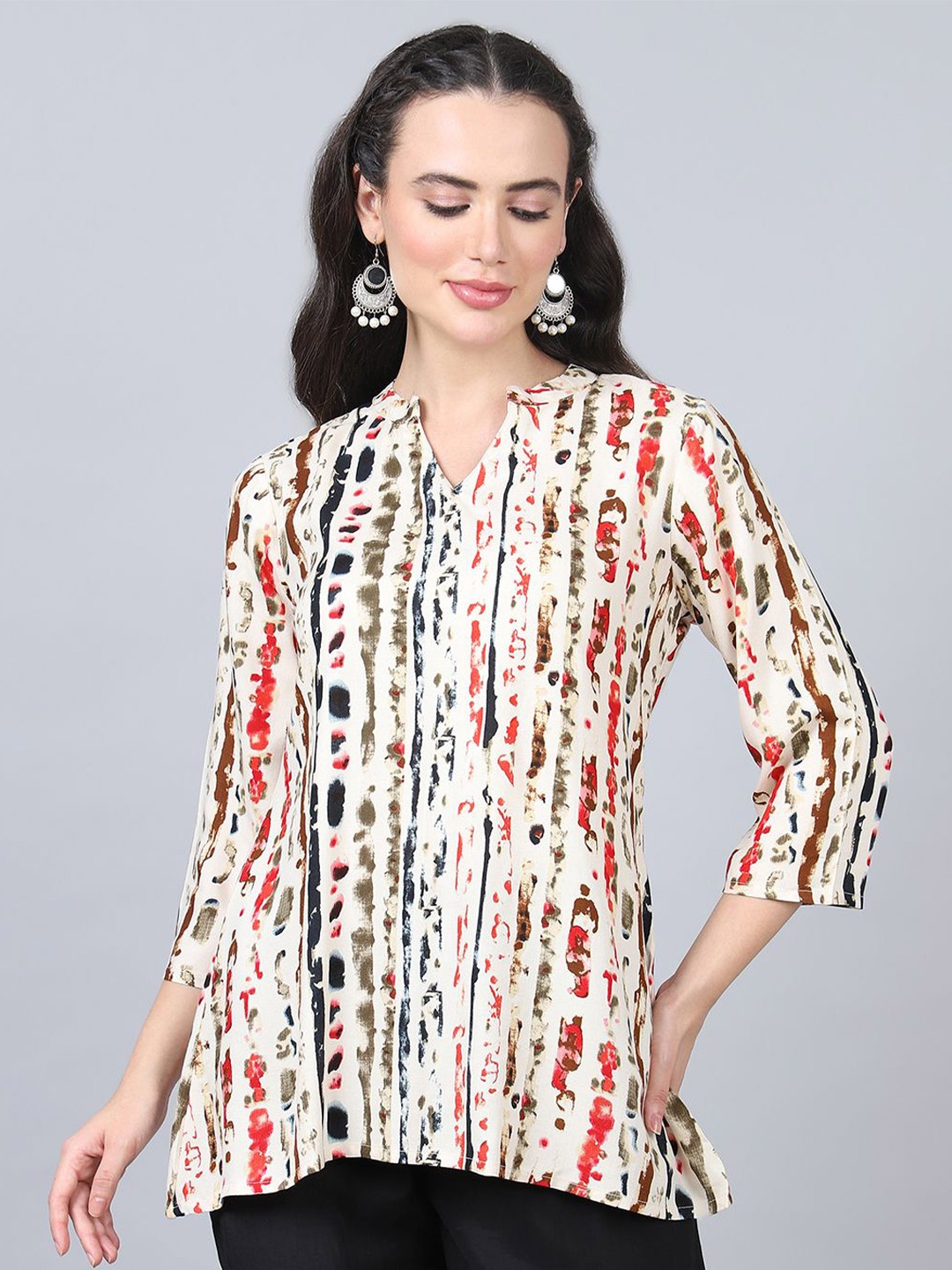 

FLAMBOYANT Women Abstract Printed Mandarin Collar Top, Beige