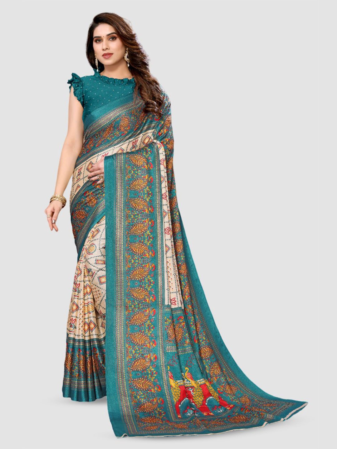

sareyavella Ajrak Block Poly Chiffon Printed Maheshwari Saree, Teal