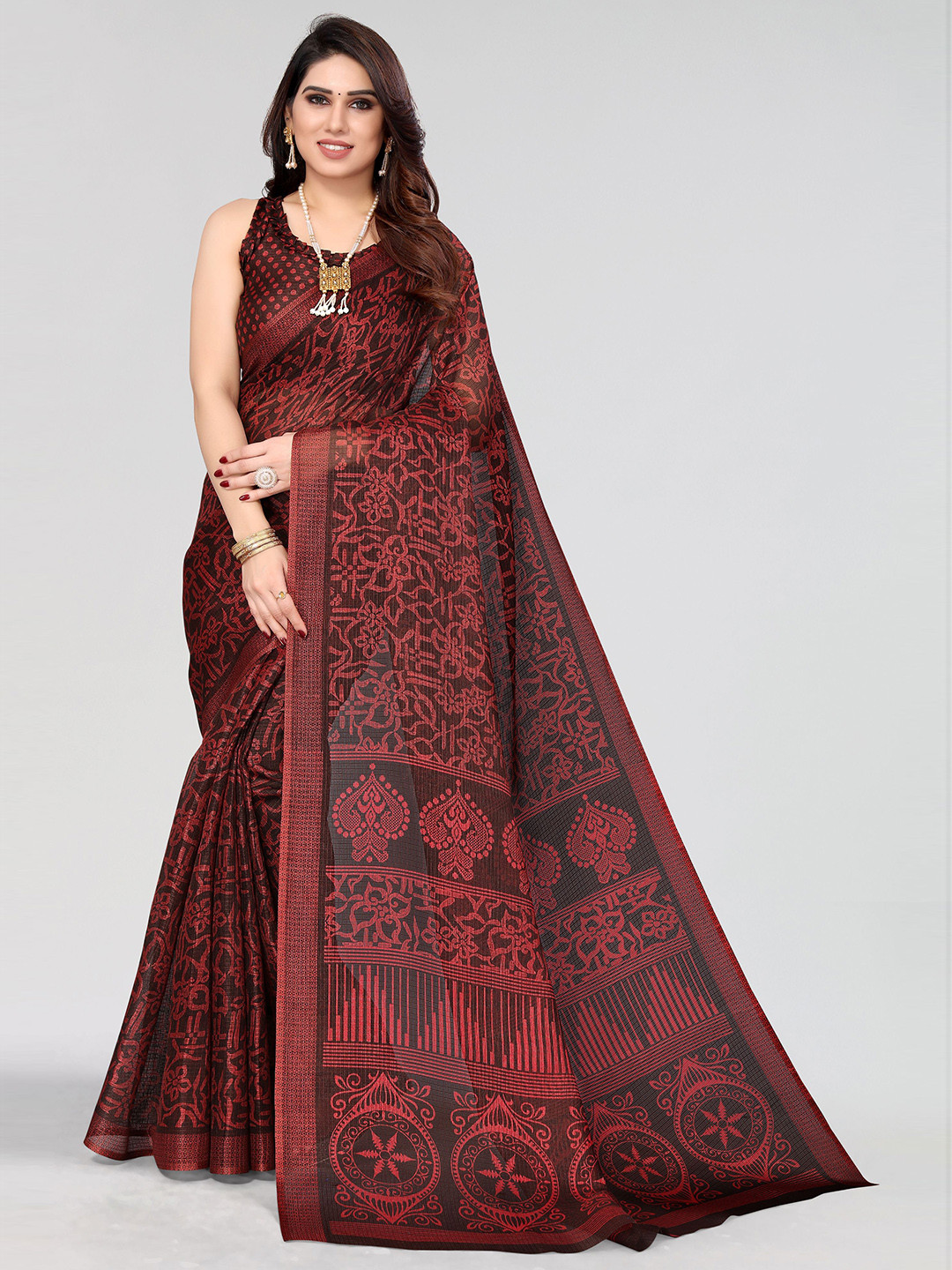 

VIRICA Floral Printed Saree With Blouse Piece, Brown