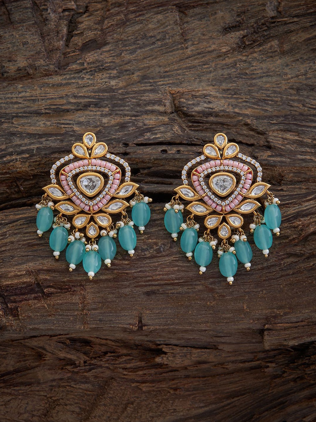 

Kushal's Fashion Jewellery Triangular Shaped Kundan Studded Earrings, Pink