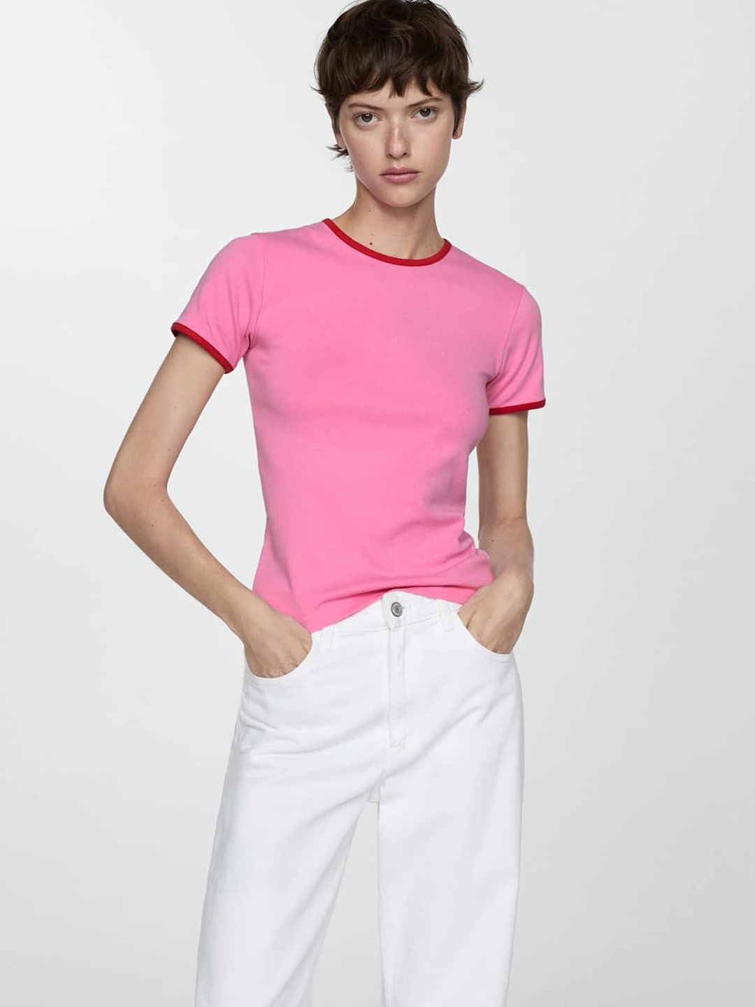 

MANGO Contrast Neck T-shirt, Pink