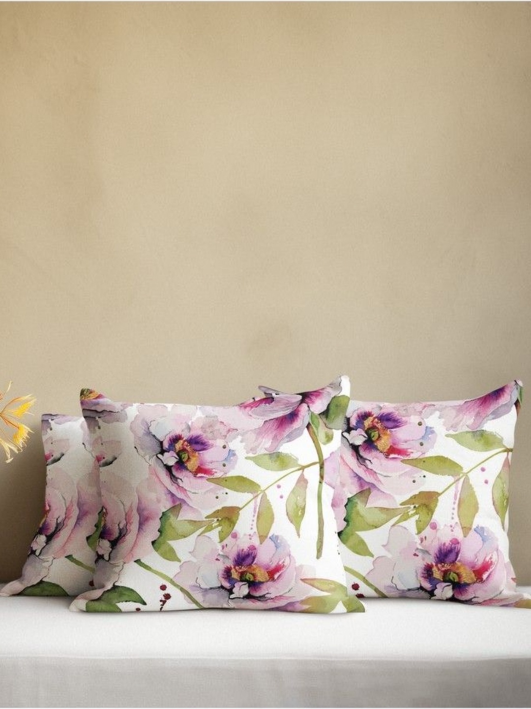 

THEYAYACAFE White & Green 3 Pieces Floral Velvet Square Cushion Covers