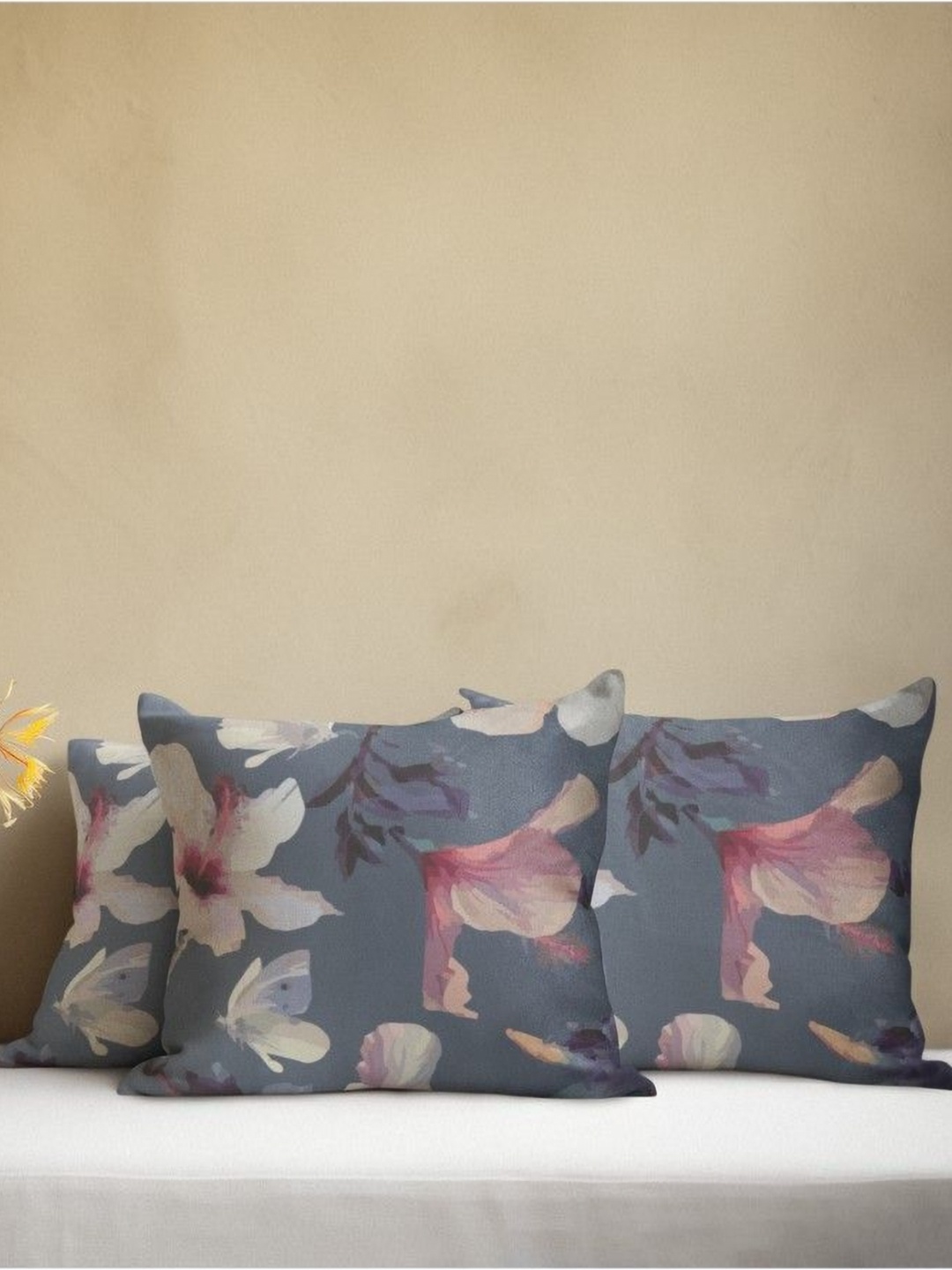 

THEYAYACAFE Grey & Red 3 Pieces Floral Printed Velvet Square Cushion Covers
