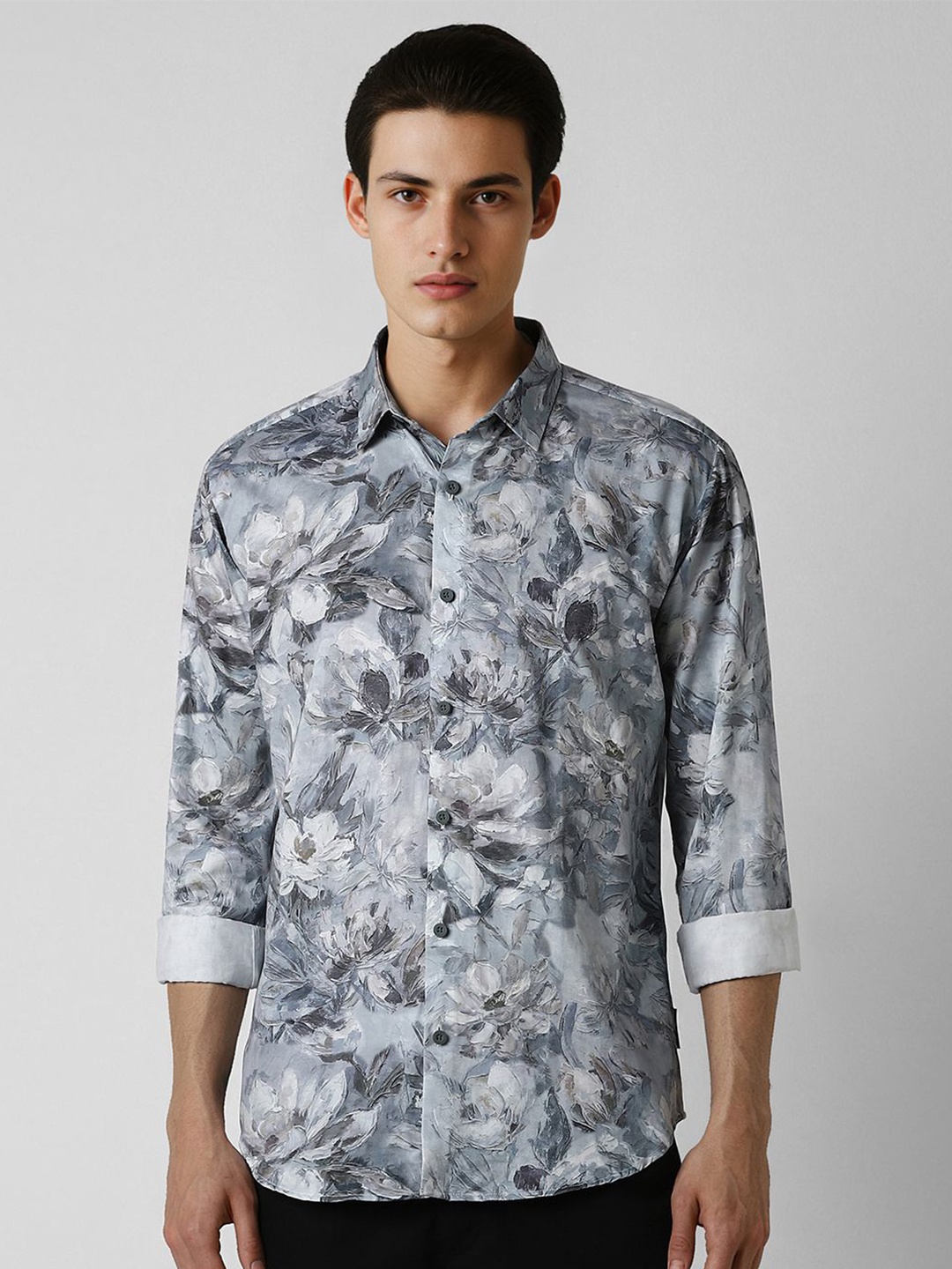 

V Dot Men Spread Collar Floral Printed Cotton Slim Fit Party Shirt, Grey