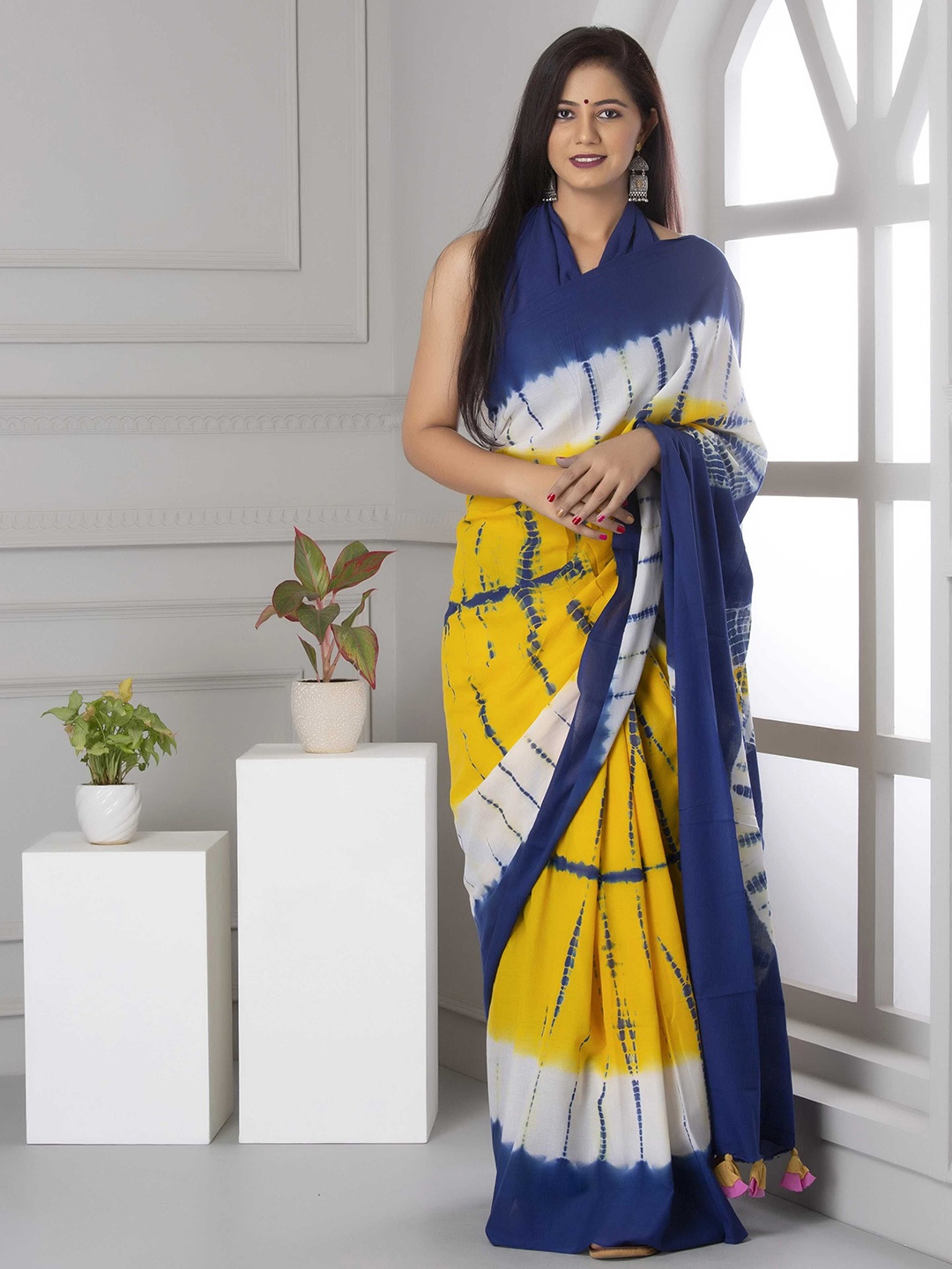 

Pinkcity Trade World Tie and Dye Pure Cotton Block Print Saree, Blue