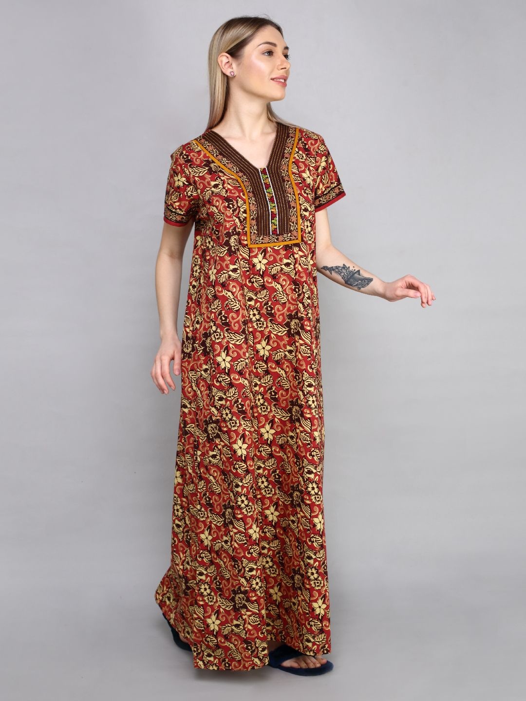 

evolove Floral Printed Pure Cotton Maxi Nightdress, Rust
