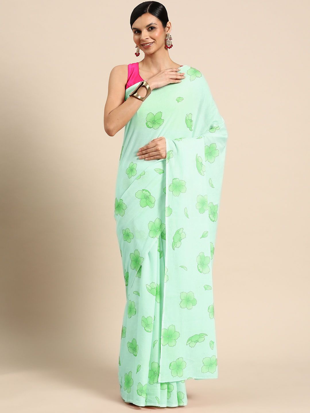 

BUTA BUTI Floral Pure Cotton Saree, Green