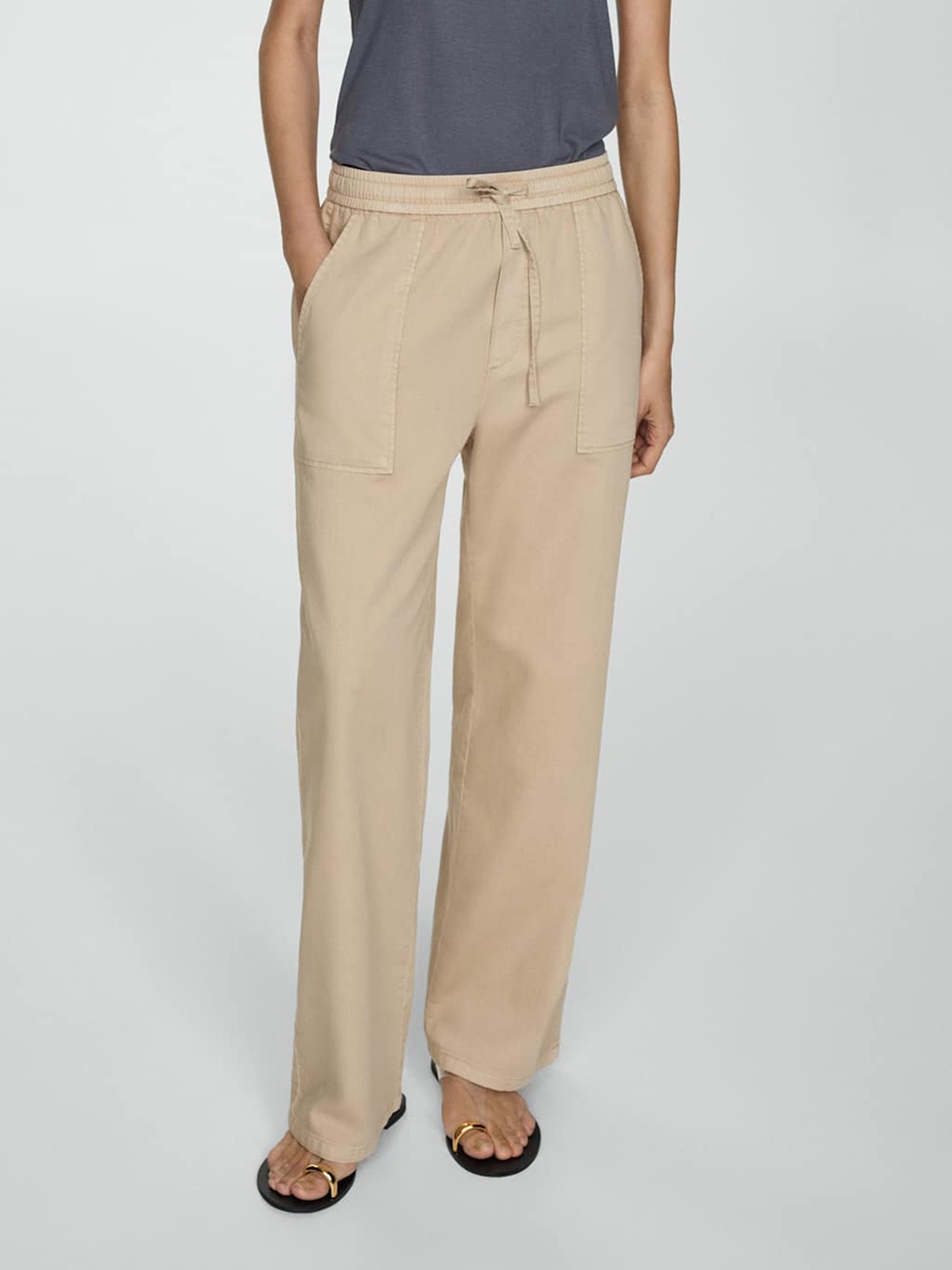 

MANGO Women Pure Cotton Straight Fit Trousers, Beige