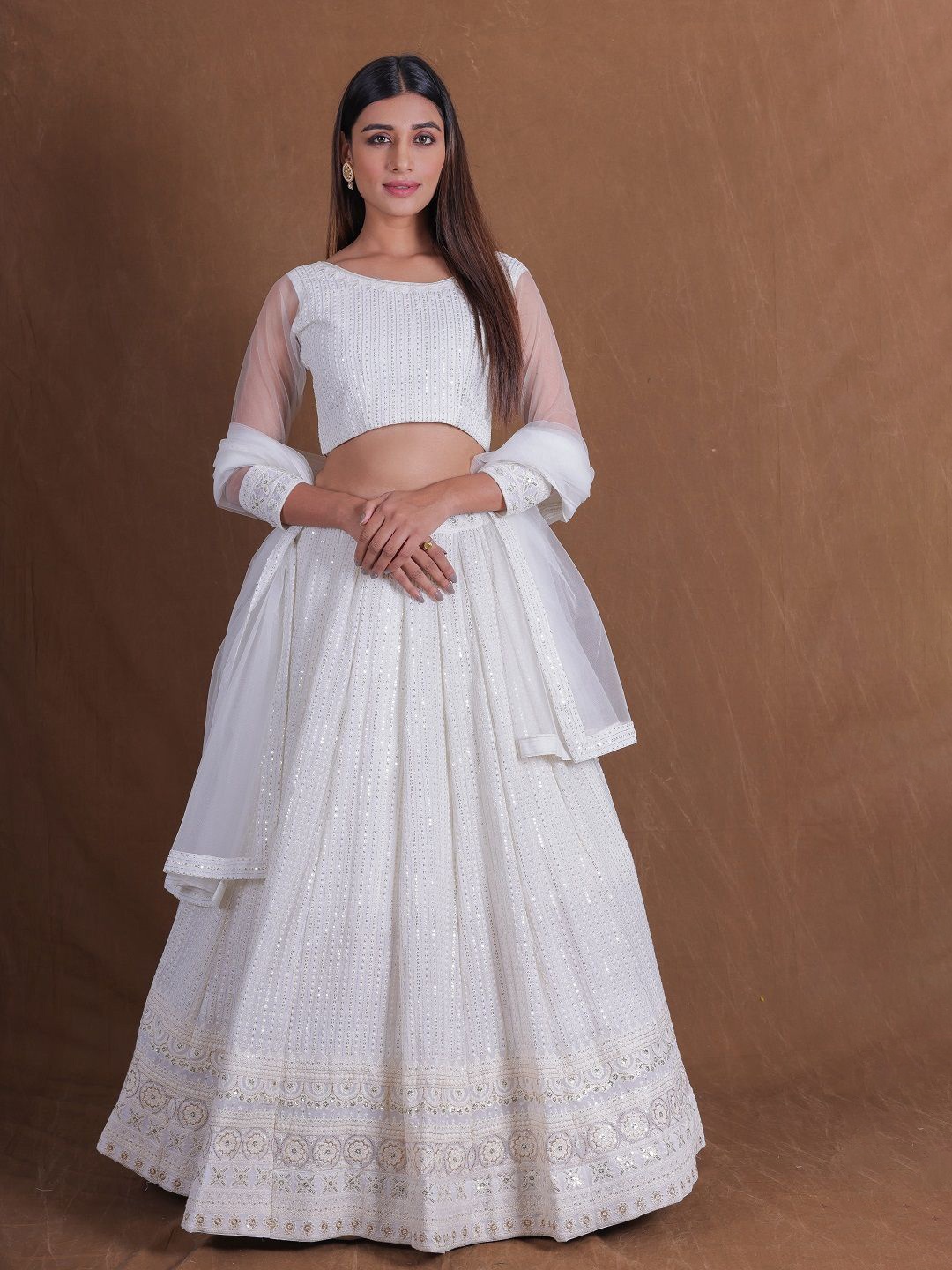 

JIHU CULTURE Embellished Sequinned Semi-Stitched Lehenga & Unstitched Blouse With Dupatta, White