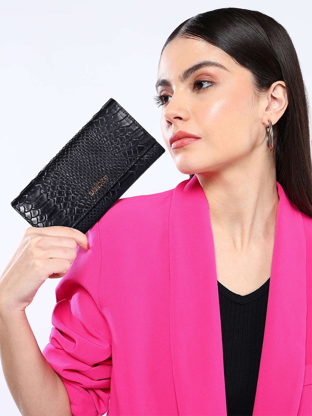 

Sassora Women Textured Embellished Leather Two Fold Wallet, Black