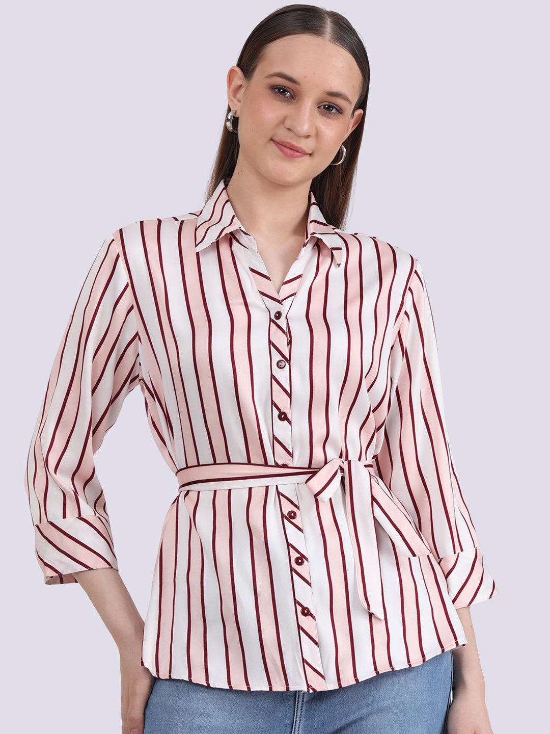 

Albion By CnM Women Vertical Striped Shirt Collar Top, Peach
