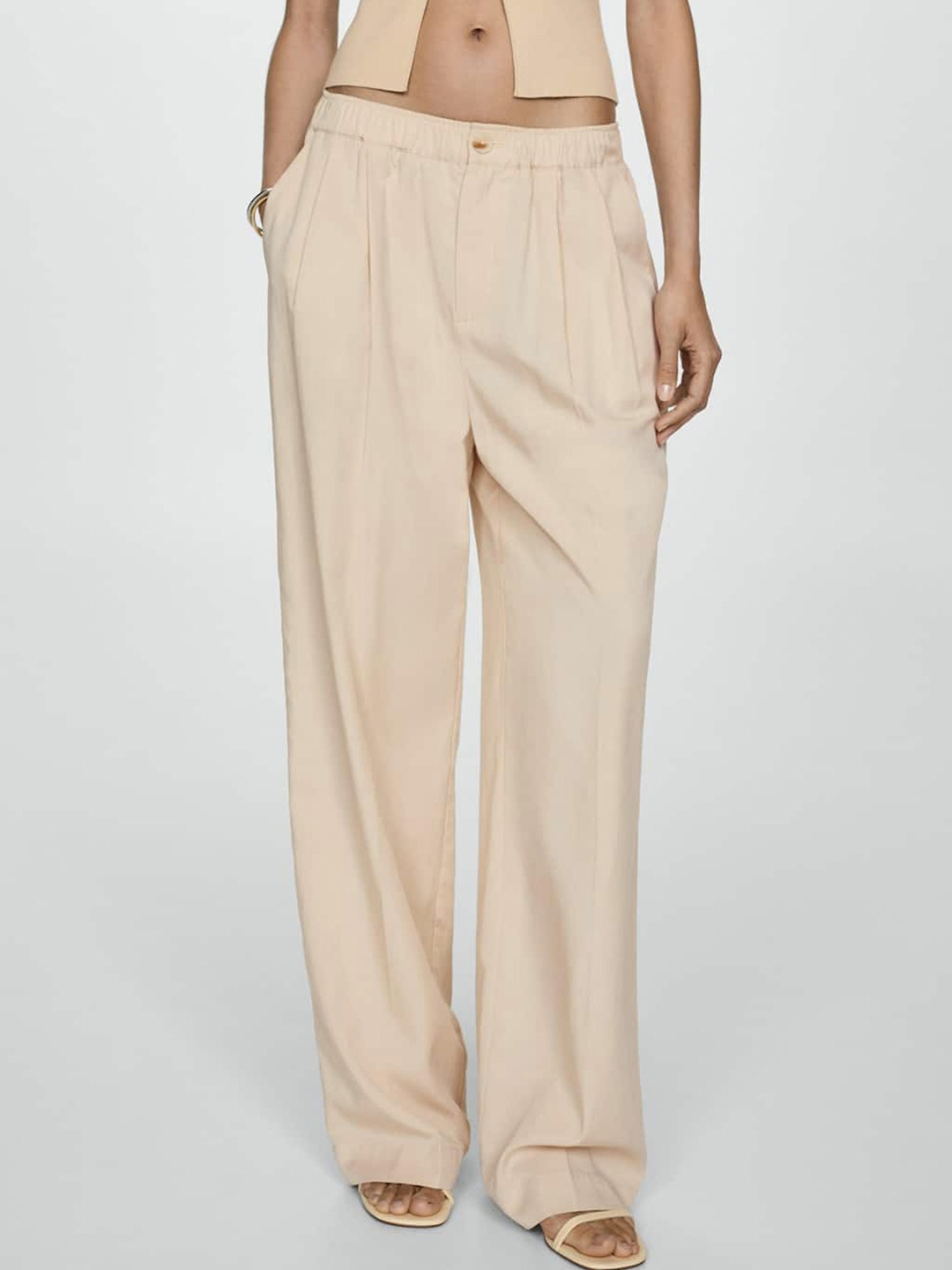 

MANGO Women Pleated Wide Leg Trousers, Beige