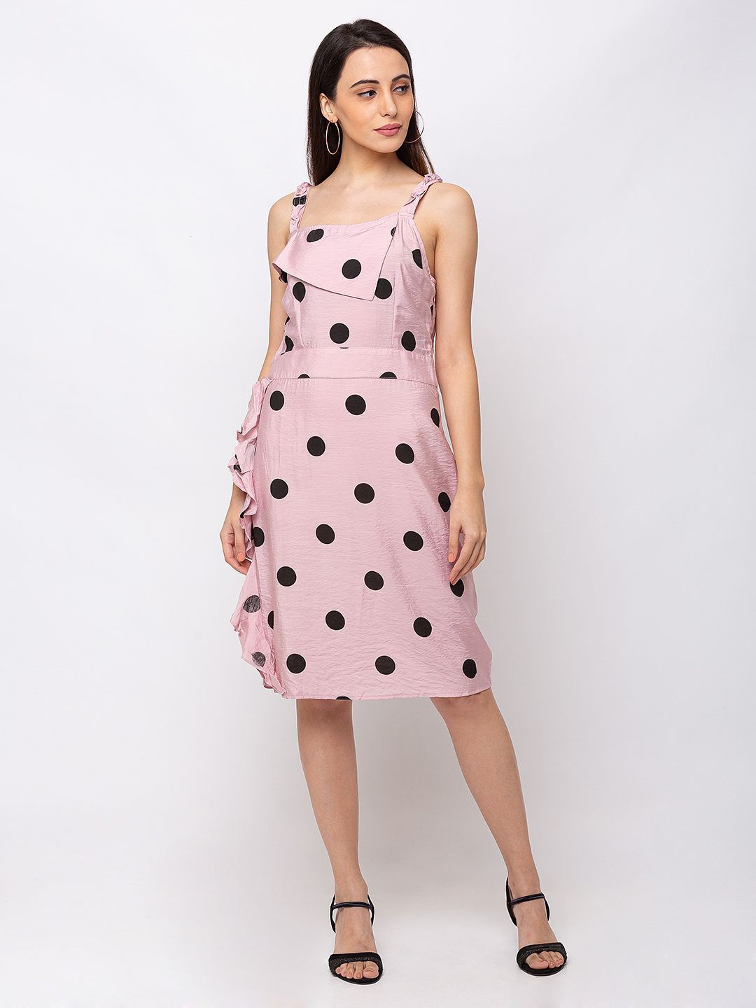 

SHECZZAR Polka Dot Printed A-Line Dress, Pink