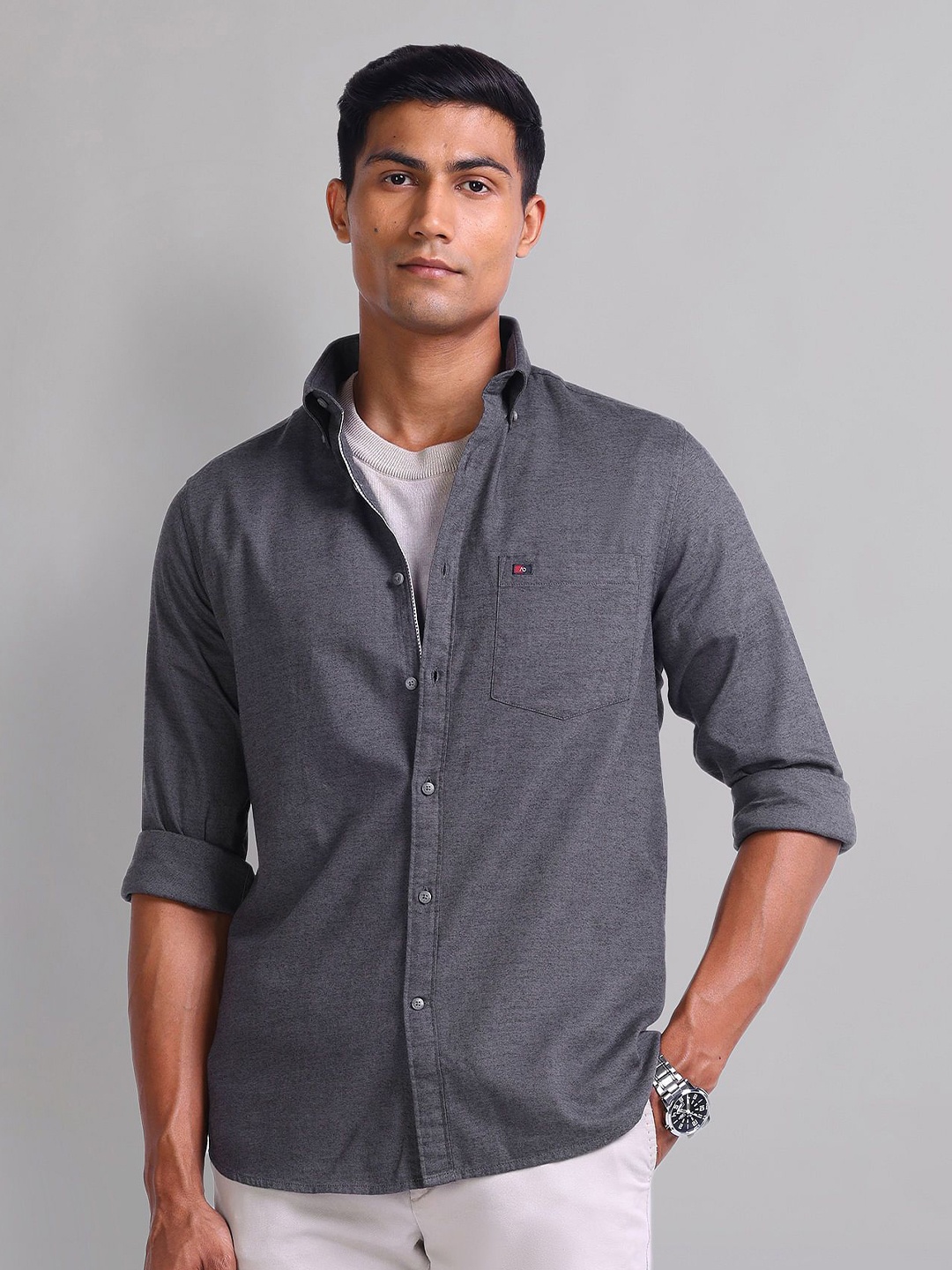 

AD By Arvind Men Button-Down Collar Solid Printed Cotton Slim Fit Casual Shirt, Grey