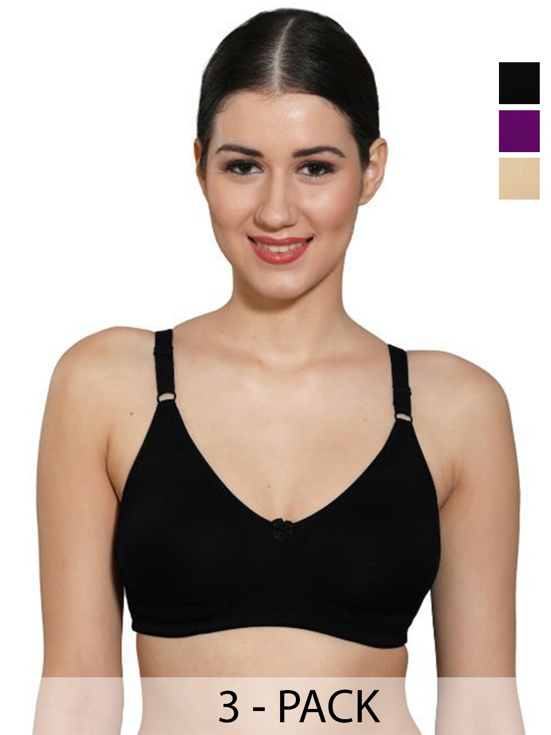 

INGRID Women Everyday Non Padded Adjustable Straps Cotton Tshirt Style Bras, Black
