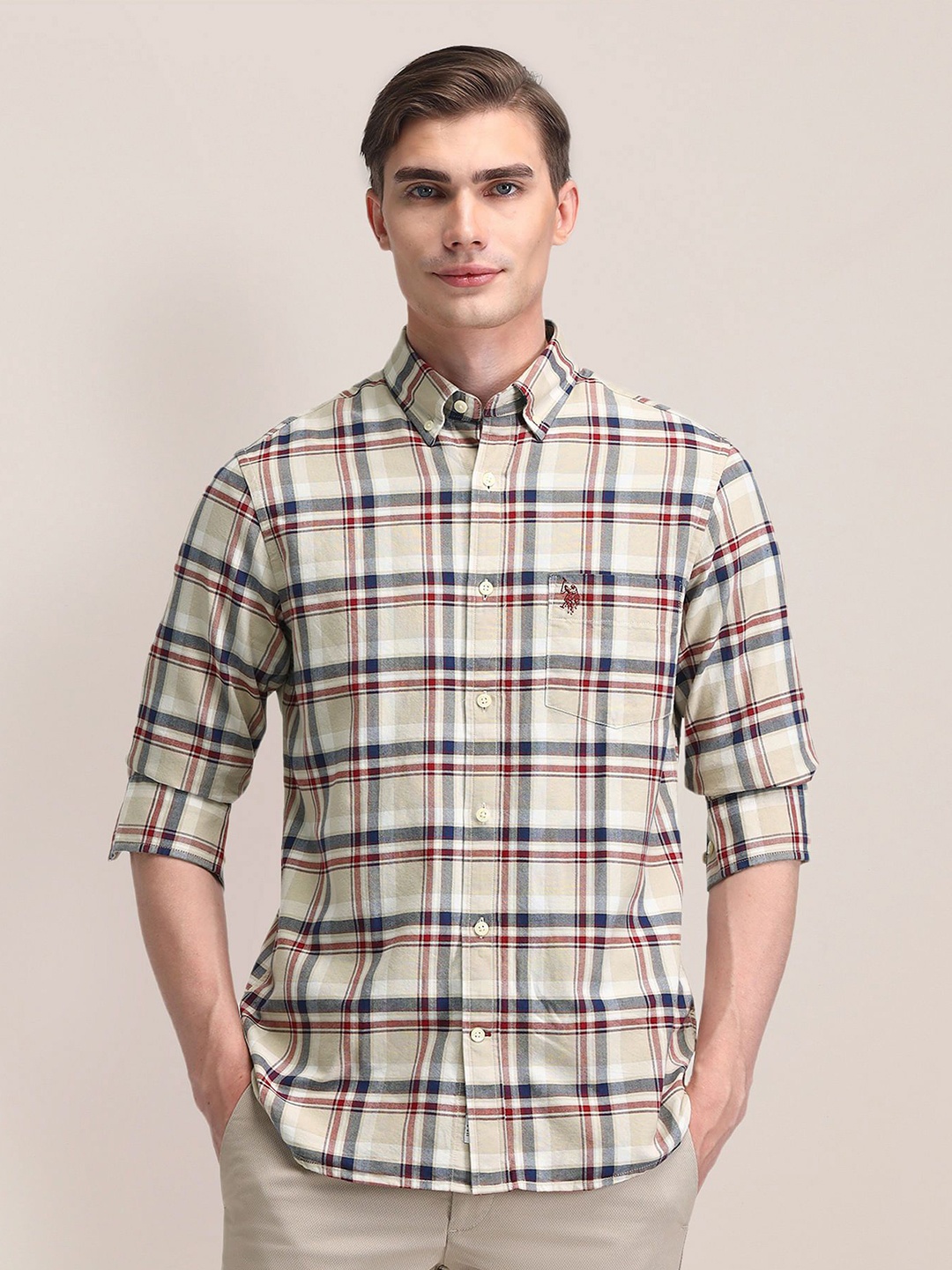 

U.S. Polo Assn. Men Classic Cutaway Collar Tartan Checked Cotton Formal Shirt, Beige