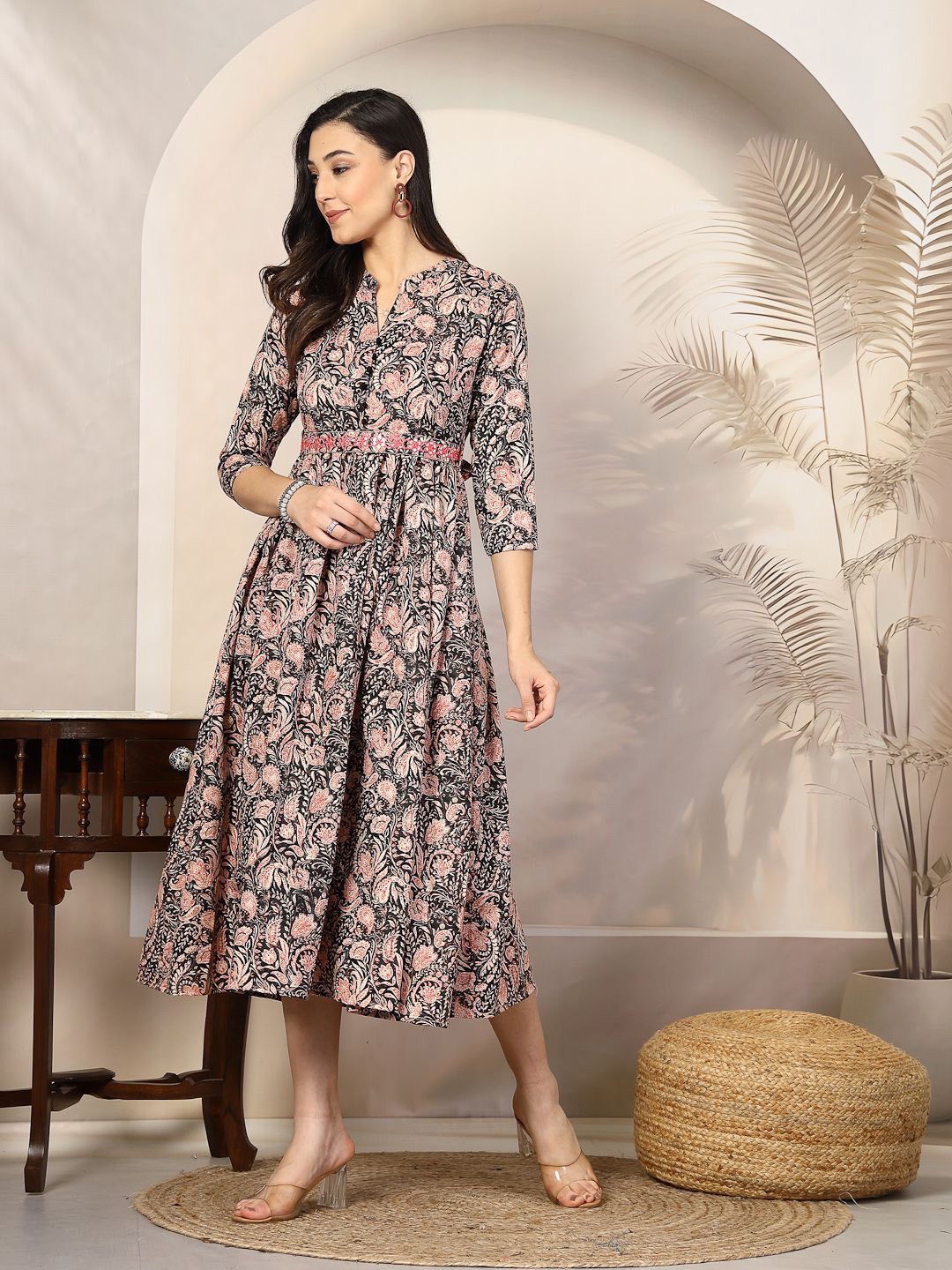 

Stylum Women's Floral Printed A-Line Belted Maxi Dress, Black