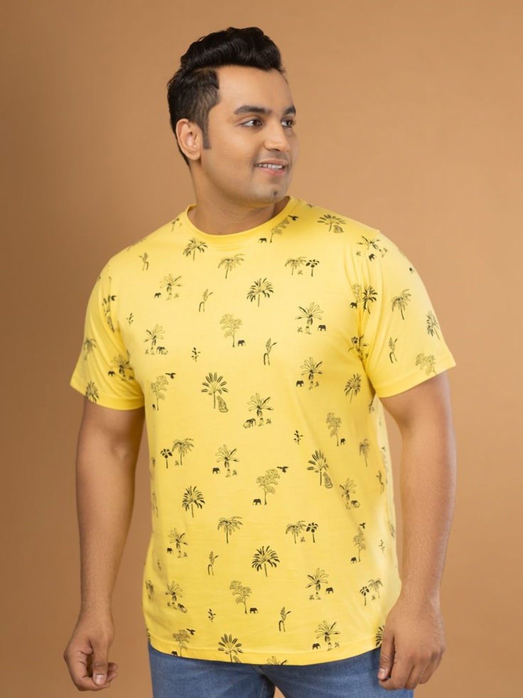 

Sizeupp Men Conversational Printed Round Neck Cotton Plus Size T-shirt, Yellow