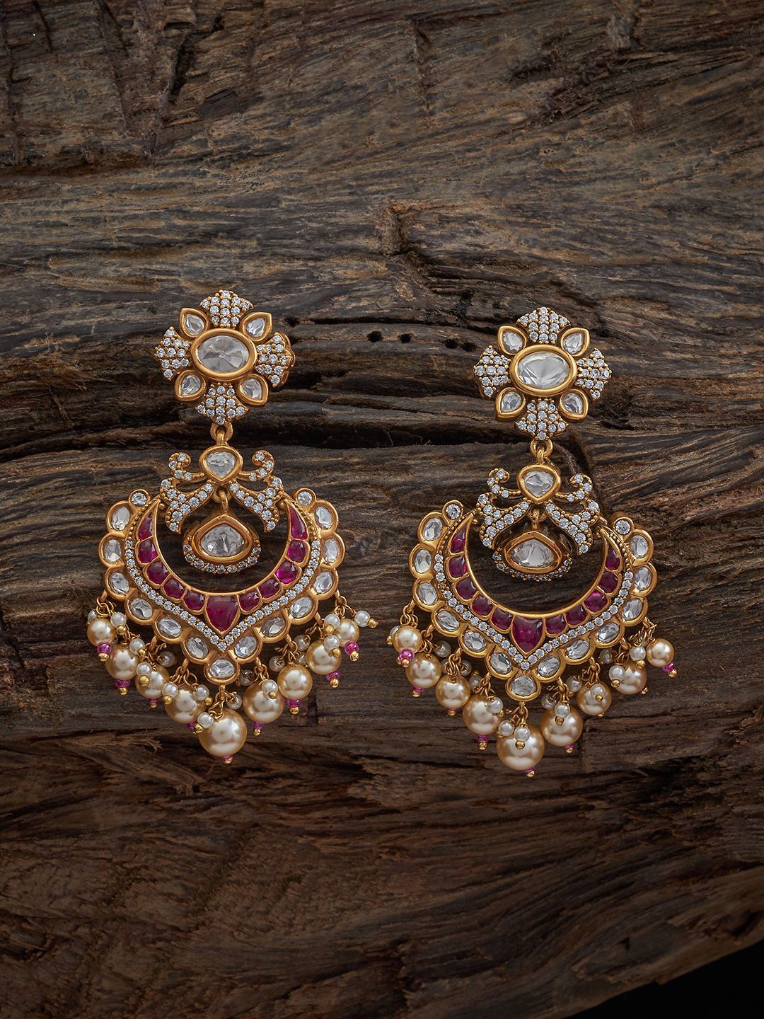 

Kushal's Fashion Jewellery Gold-Plated Copper Crescent Shaped Kundan Drop Earrings, Red