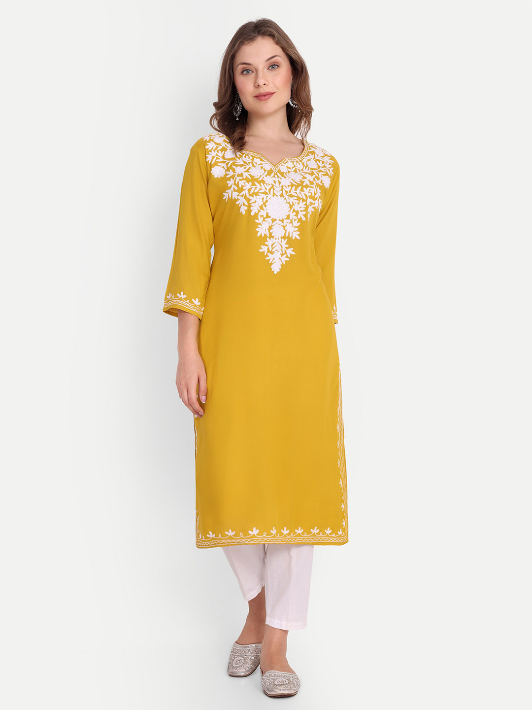 

FNOCKS Chikankari Embroidered Pure Cotton Kurta, Yellow