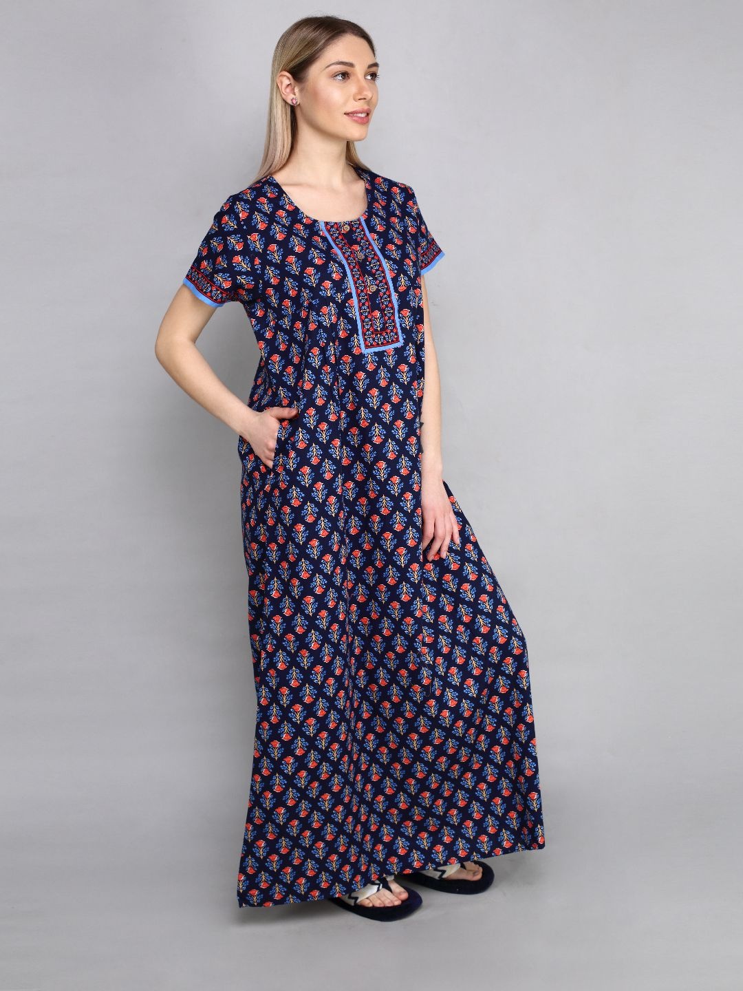 

evolove Women Printed Pure Cotton Maxi Nightdress, Blue