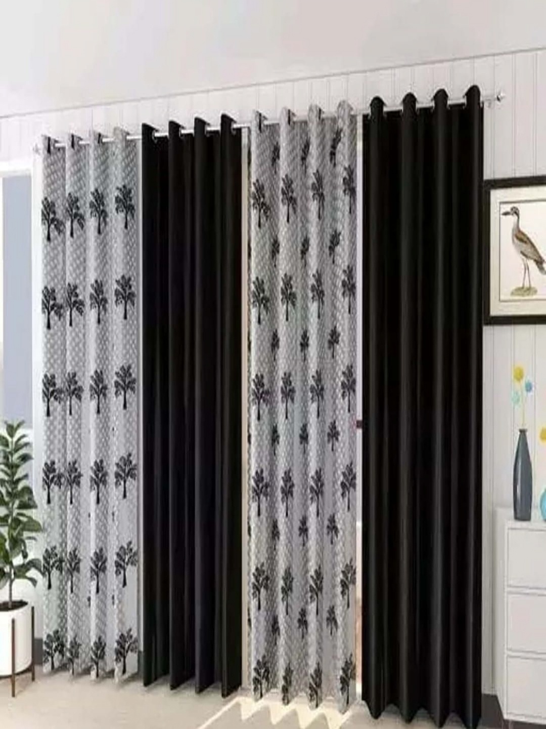 

AADI TRADERS Black & Grey 4 Pieces Floral Window Curtains