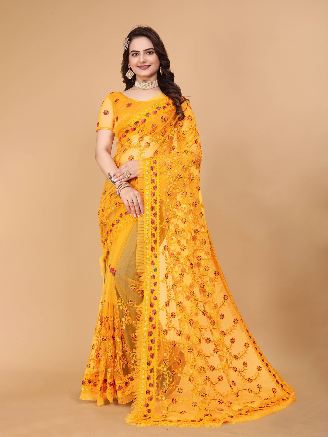 

Zeekha Floral Embroidered Net Heavy Work Kanjeevaram Saree, Mustard