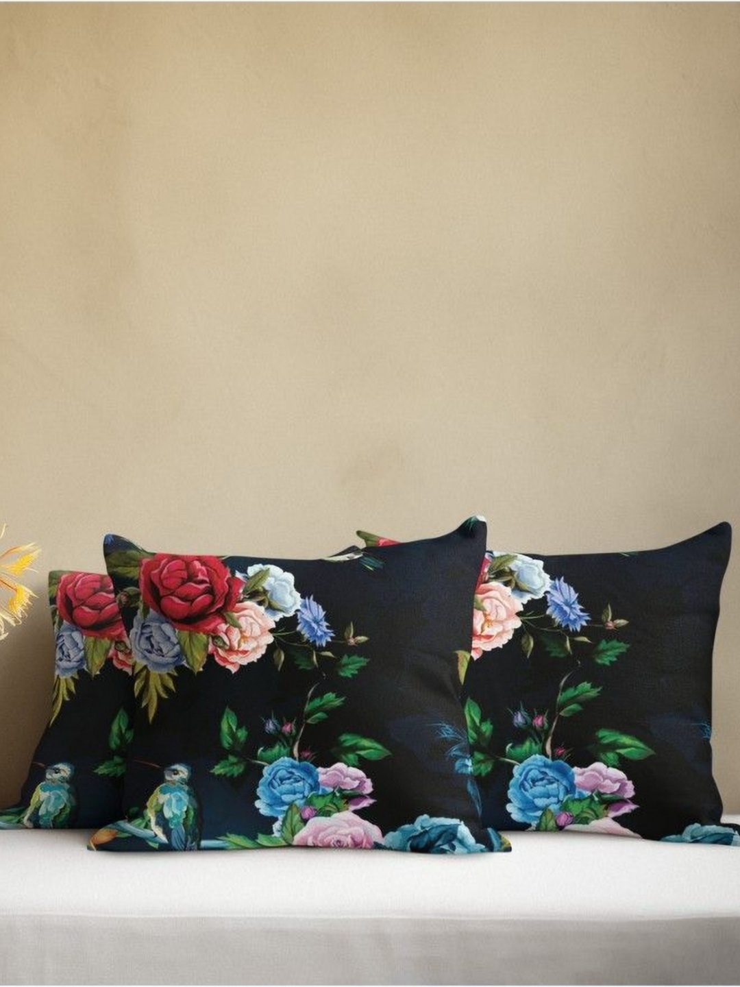 

THEYAYACAFE Black & Blue 3 Pieces Floral Velvet Square Cushion Covers