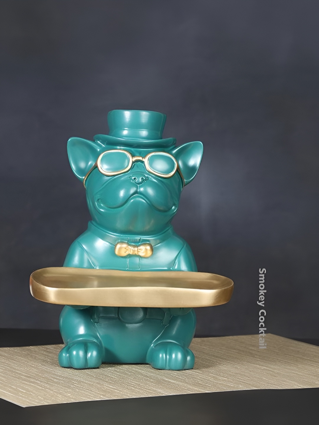 

SMOKEY COCKTAIL Green & Gold-toned Bulldog Tray Sculpture Showpiece