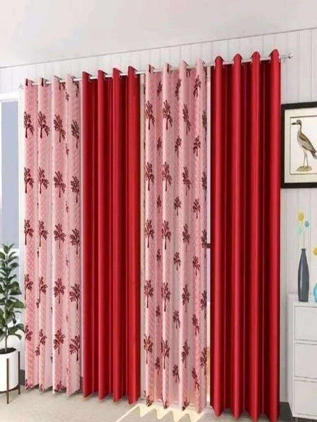 

AADI TRADERS Pink & Red 4 Pieces Floral Printed Window Curtain