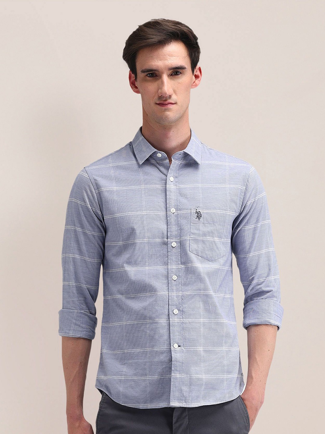

U.S. Polo Assn. Men Classic Cutaway Collar Tartan Checked Cotton Formal Shirt, Blue