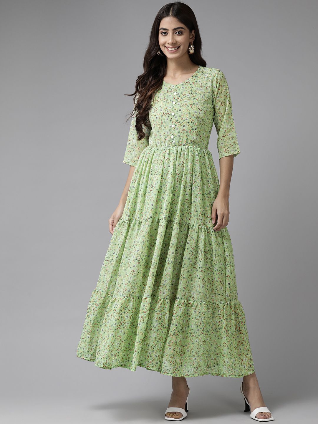 

BAESD Floral Printed Georgette Fit & Flare Dress, Green