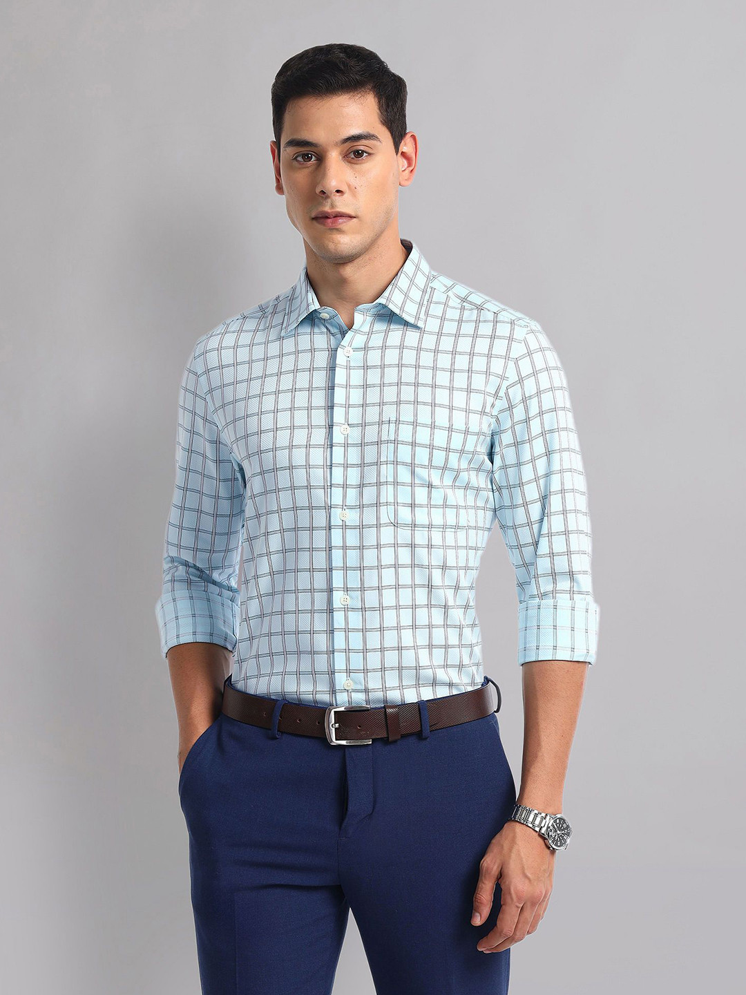 

AD By Arvind Men Spread Collar Checked Cotton Casual Shirt, Blue