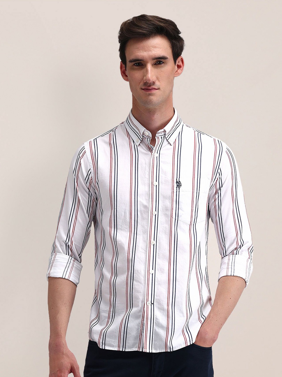 

U.S. Polo Assn. Men Classic Vertical Striped Cotton Casual Shirt, White