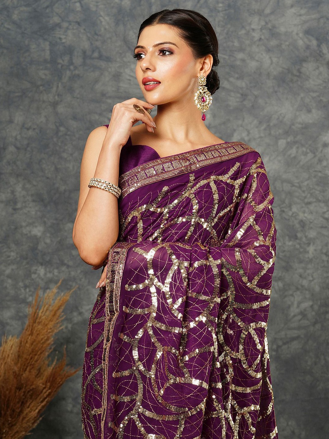 

Satrani Embellished Embroidered Pure Georgette Saree, Purple