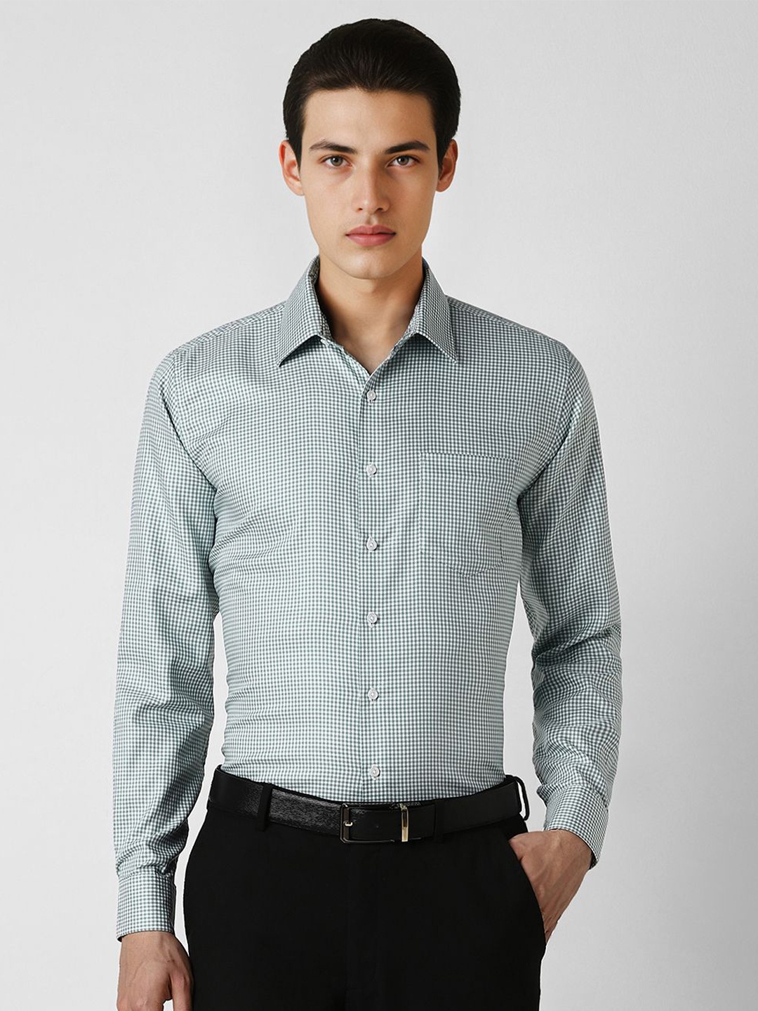 

Van Heusen Men Spread Collar Micro Checked Cotton Slim Fit Formal Shirt, Green