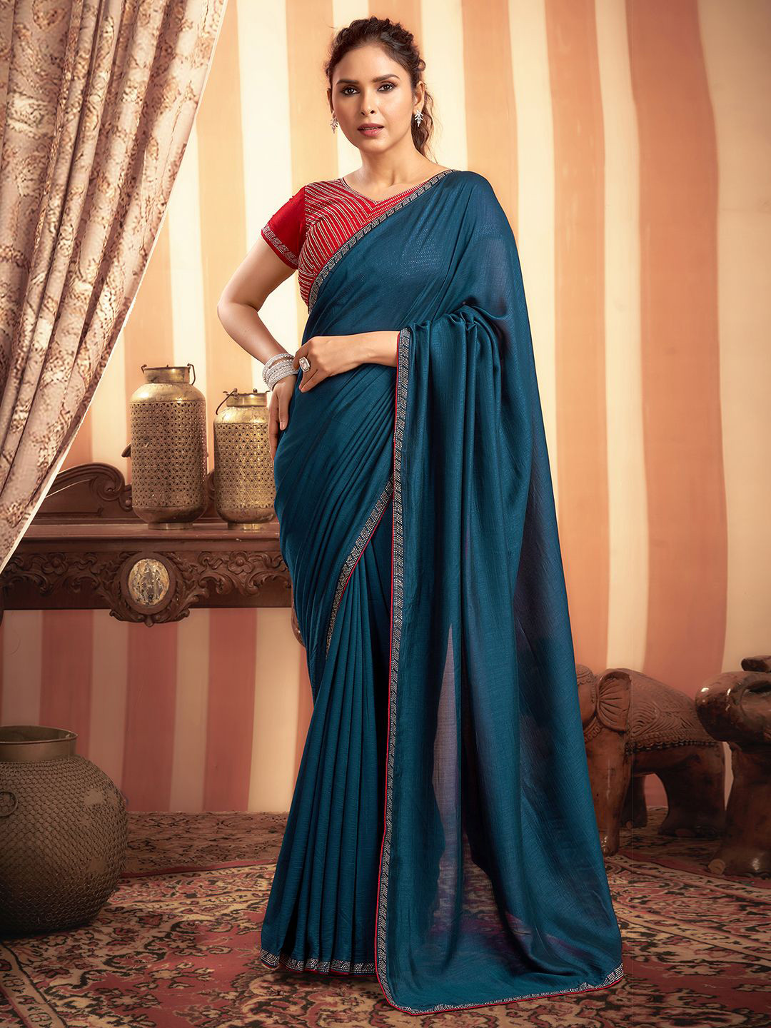 

Satrani Beads and Stones Pure Silk Saree, Blue